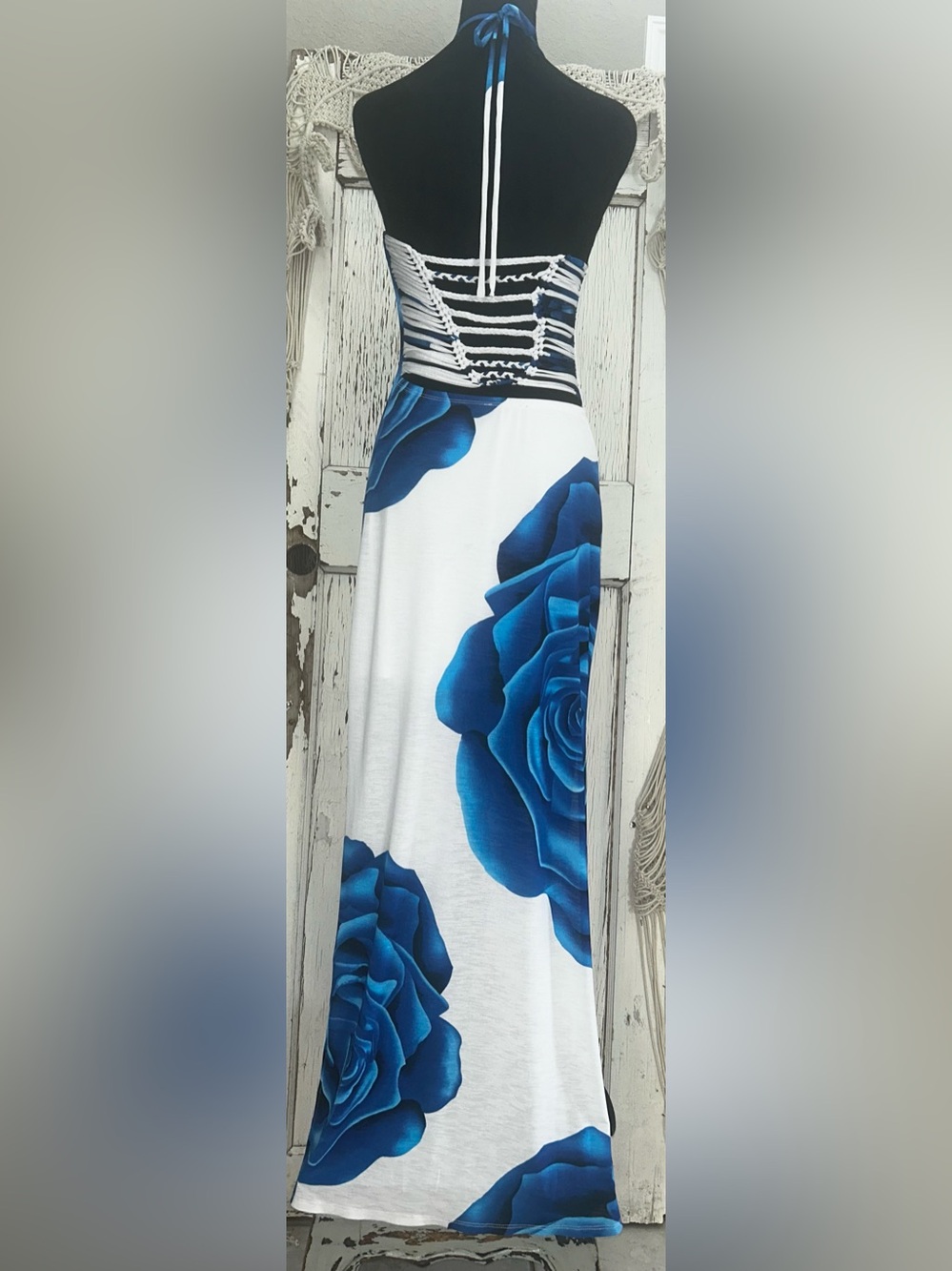 Boho Halter Maxi Dress with Bold Blue Rose Print on White Background - Picture 8 of 10